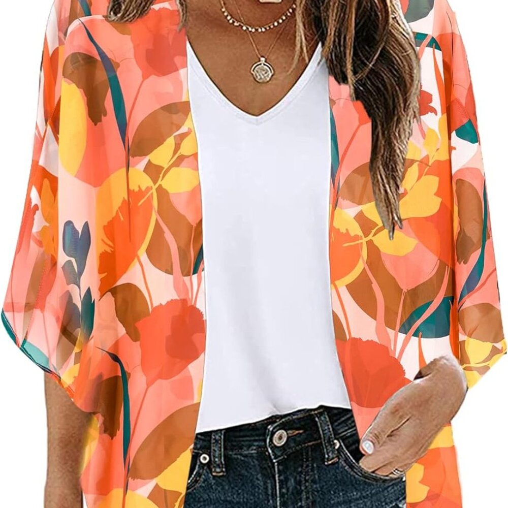 Women's Beach Kimono Coverup Sheer Chiffon Cover Ups, Casual Loose Open Front Ca